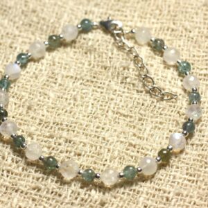 Bracelet Argent 925 Et Pierre De Lune Arc En Ciel Facettée 5mm Et Apatite 3mm