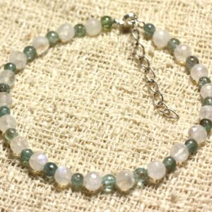 Bracelet Argent 925 Et Pierre De Lune Arc En Ciel Facettée 5mm Et Apatite 3mm
