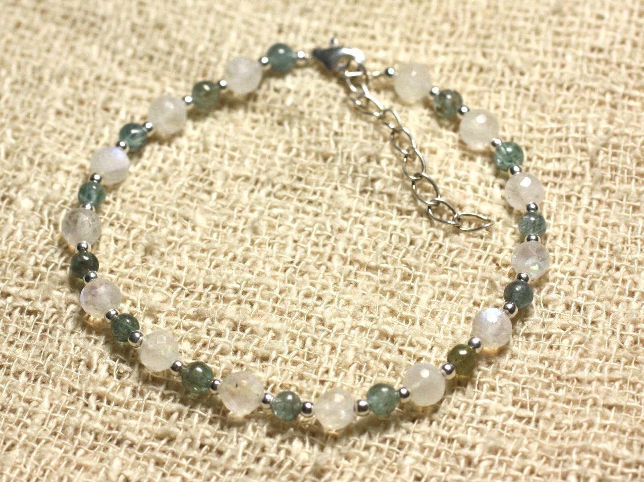 Bracelet Argent 925 Et Pierre De Lune Arc En Ciel Facettée 5mm Et Apatite 3mm