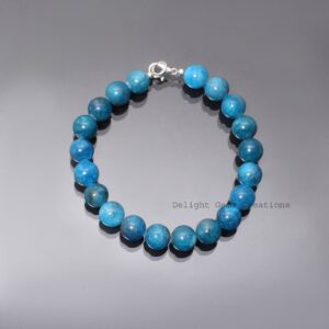 Blue Apatite Beaded Bracelet, 10mm Round Gemstone, Unisex Jewelry