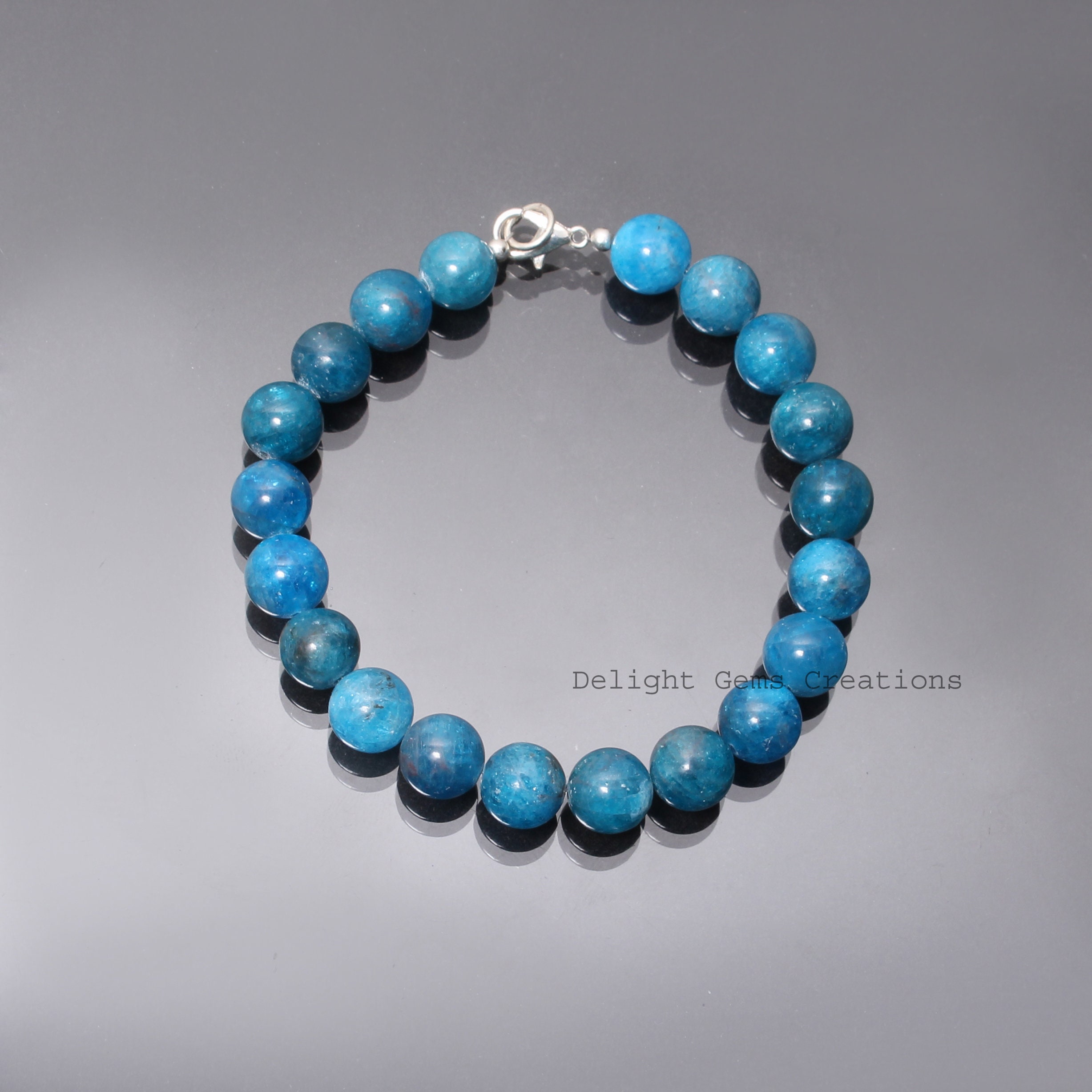 Blue Apatite Beaded Bracelet, 10mm Round Gemstone, Unisex Jewelry