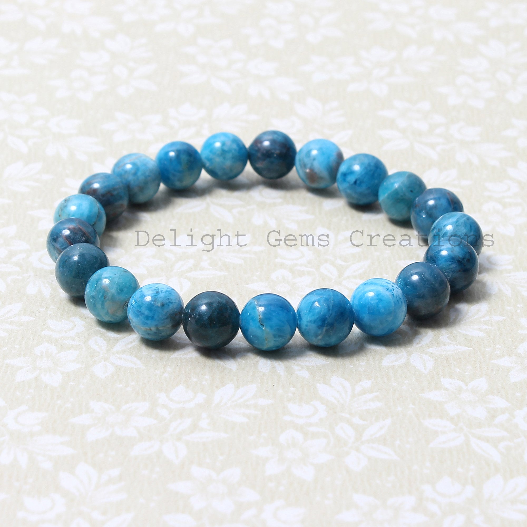 Blue Apatite Beaded Bracelet, 10mm Gemstone, Stretch Wrist Mala