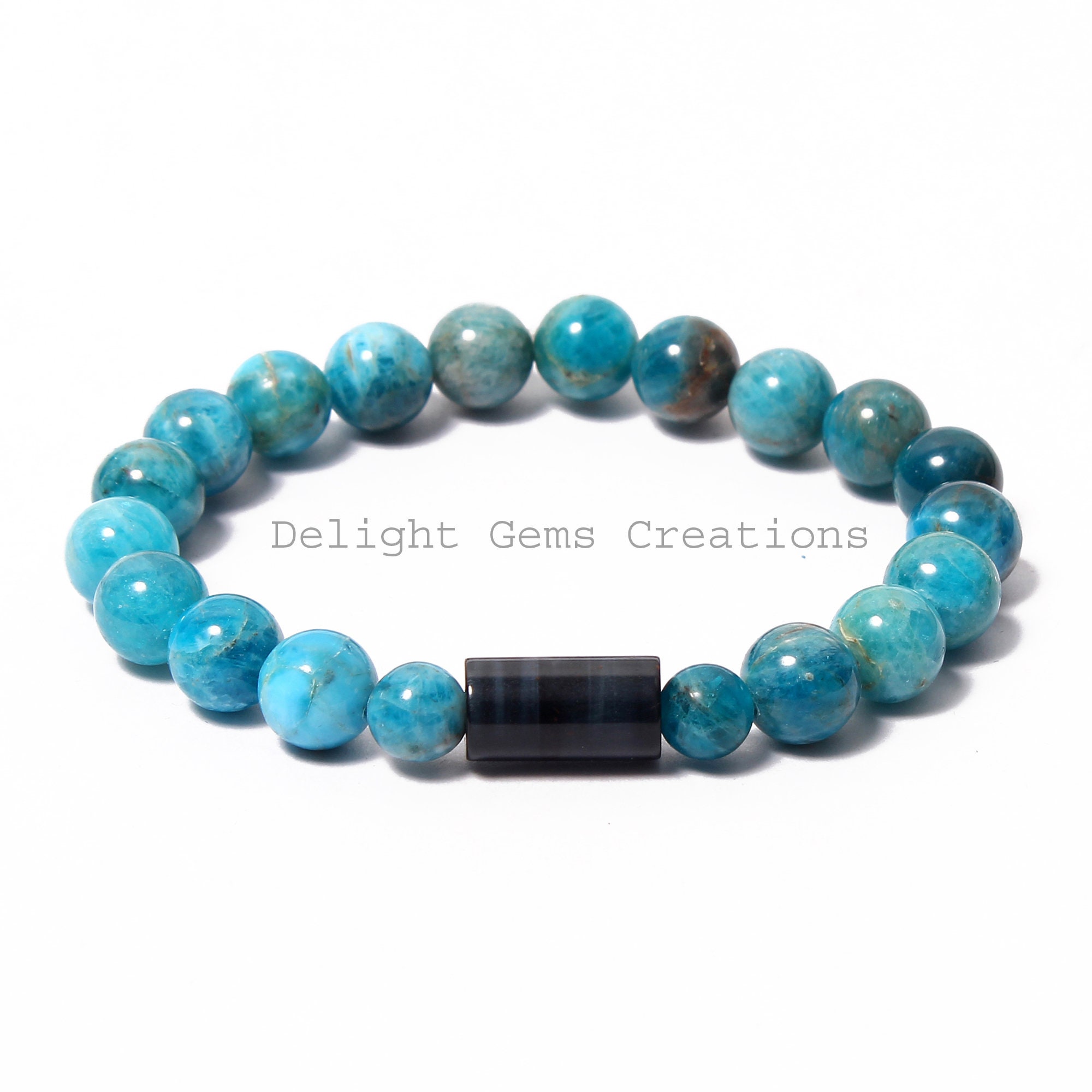 Blue Apatite Stretch Bracelet - 10mm Round Beads - Men's Stacking Bracelet - Trendy Blue Gemstone Friendship Gift