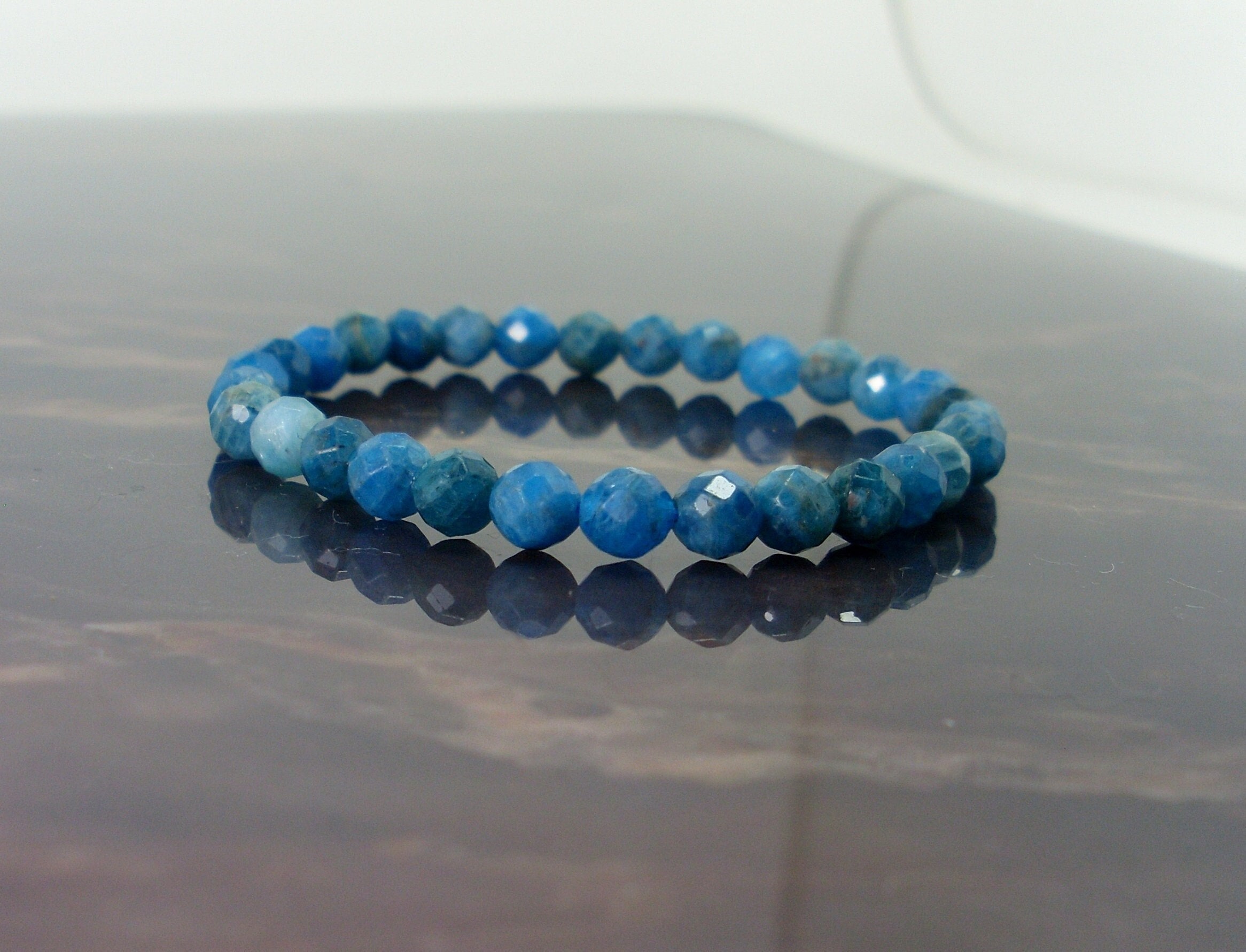 Dainty Apatite Bracelet Faceted 6mm, Natural Gemstone Bracelet, Handmade Stretch Bracelet For Women Or Girl, Gift For Women Girl + Gift Bag