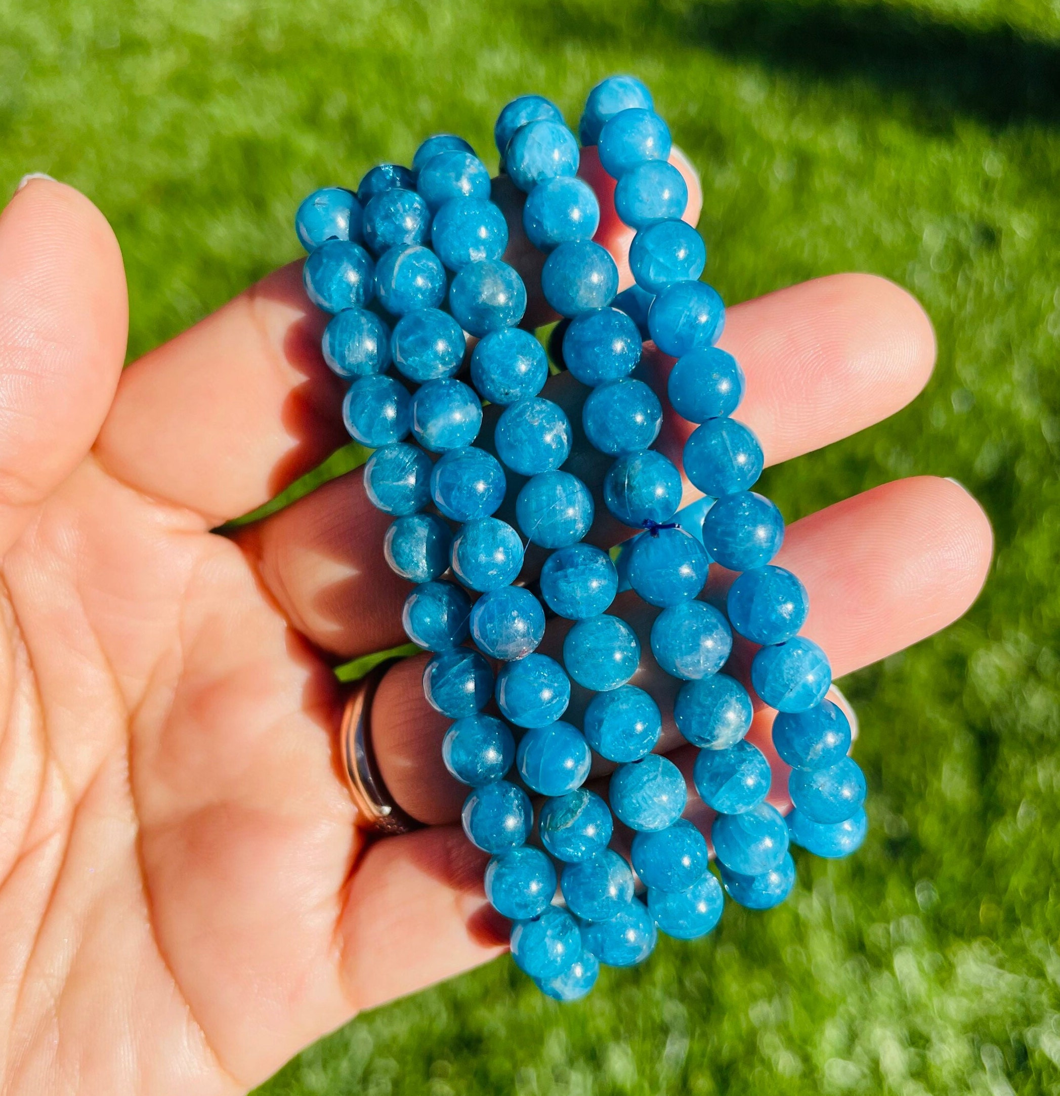 Dark Blue Apatite Bracelet: Round Bead Gemstone Jewelry
