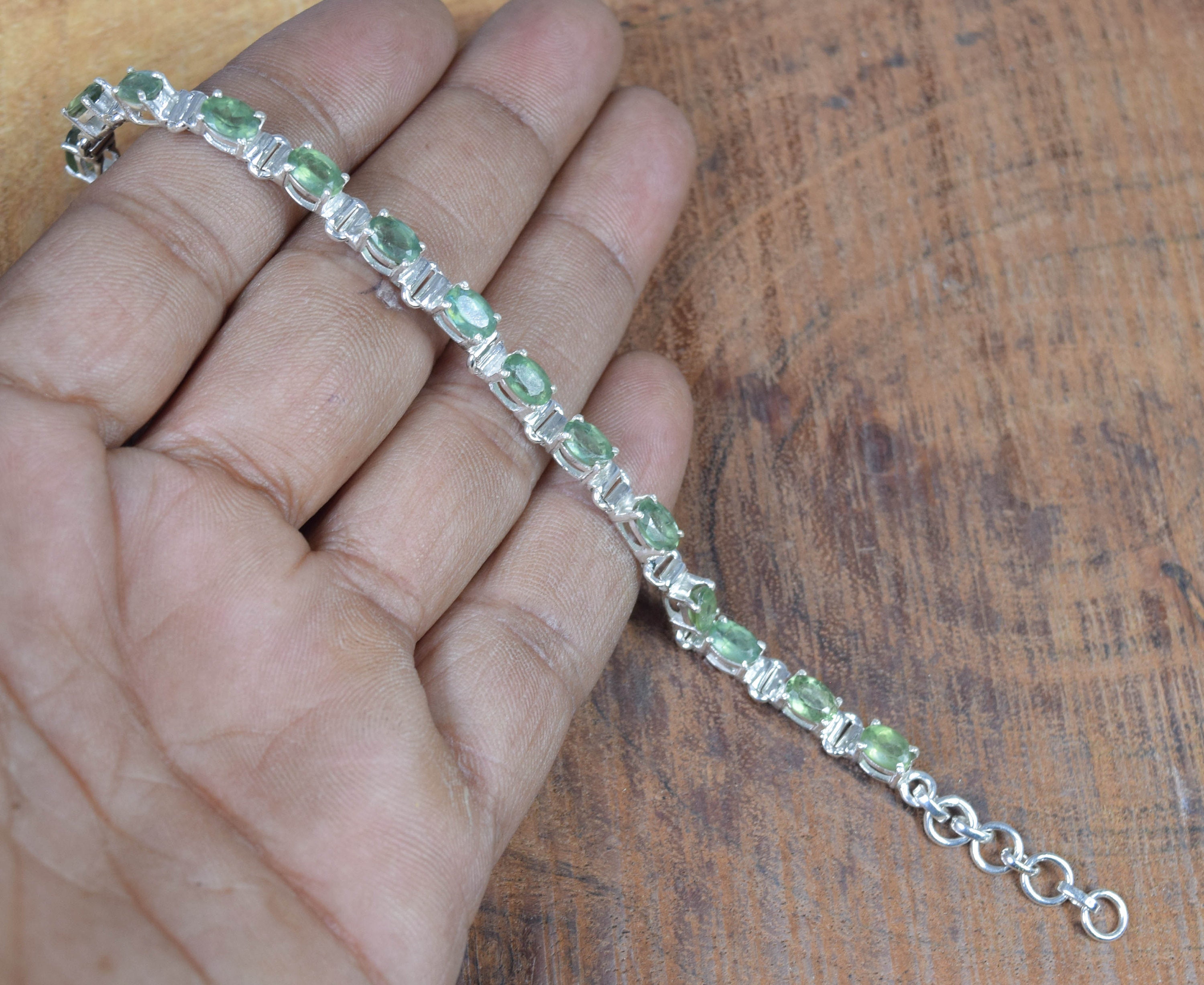 Green Apatite Sterling Silver Bracelet: Faceted Gemstone, Adjustable