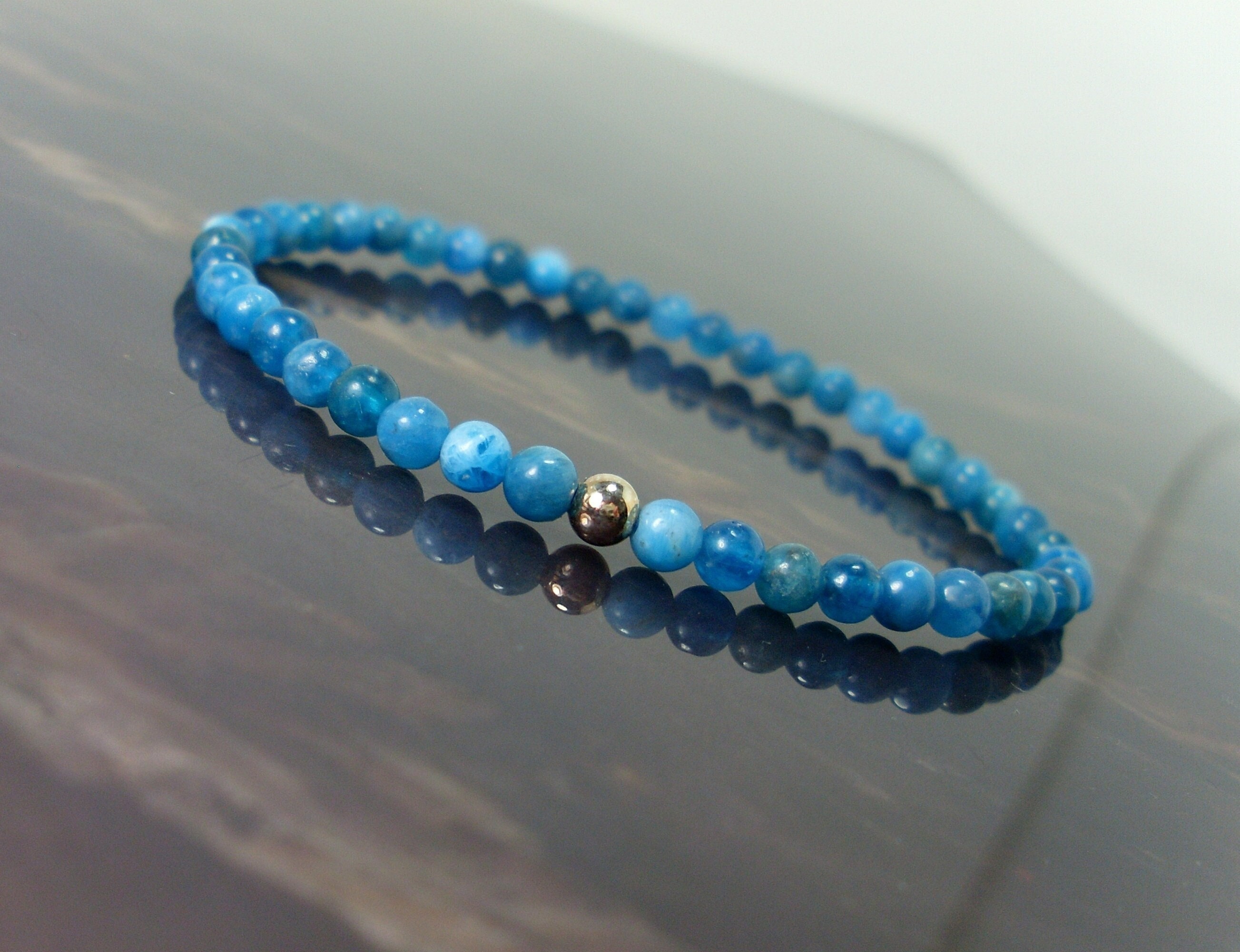 Natural Blue Apatite Bracelet 4mm With Sterling Silver Bead, Dainty Genuine Gemstone Beaded Bracelet For Women Or Girl, For Her + Gift Bag Natural Blue Apatite Bracelet 4mm With Sterling Silver Bead, Dainty Genuine Gemstone Beaded Bracelet For Women Or Girl, For Her + Gift Bag