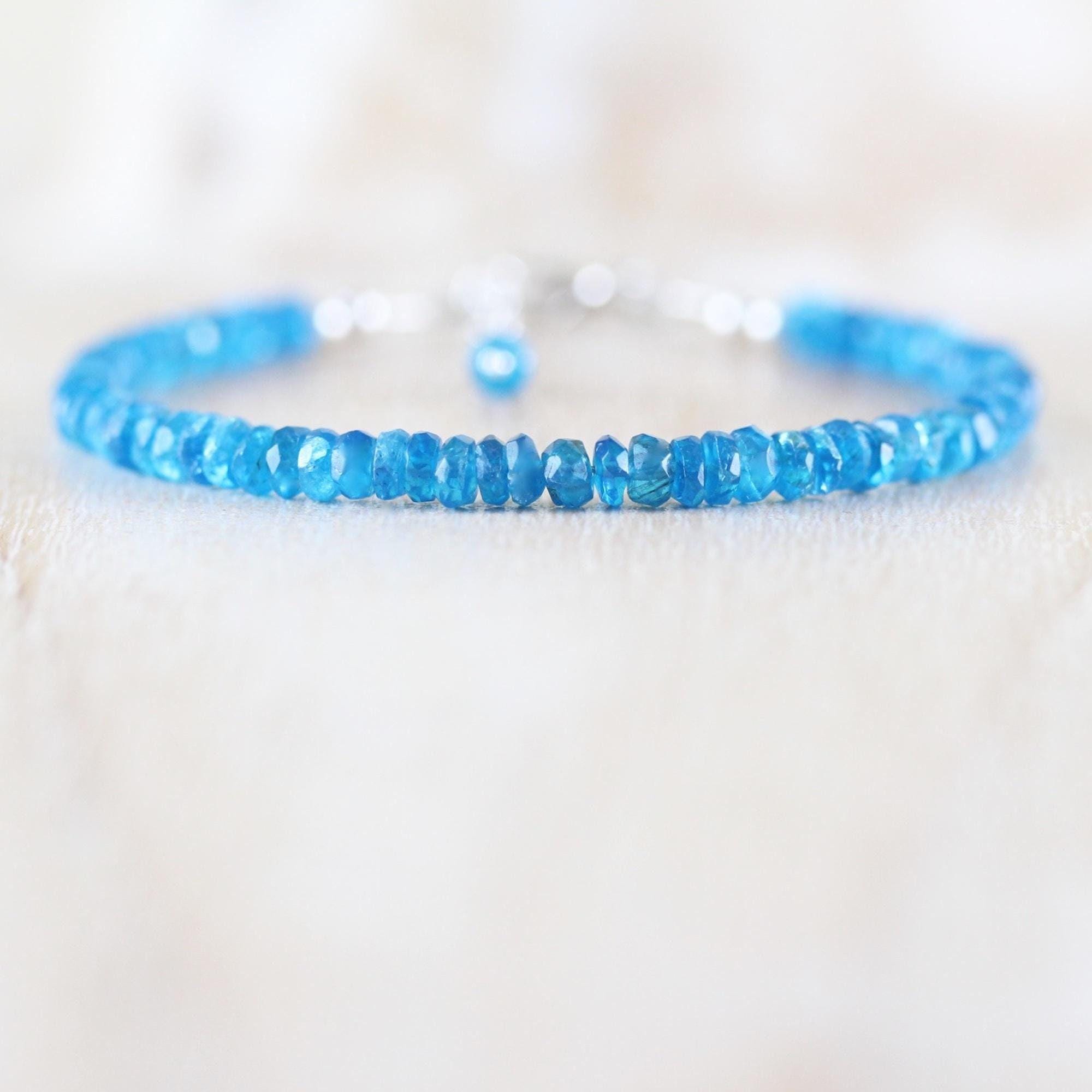 Neon Blue Apatite Bracelet In Sterling Silver, Gold Or Rose Gold Filled, Dainty Gemstone Stacking Bracelet, Boho Jewelry, 4mm Faceted Beads