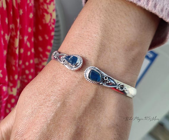 Raw Blue Apatite Bracelet, 925 Sterling Silver Gemstone Bangle Jewelry, Valentine Promise Gift Items