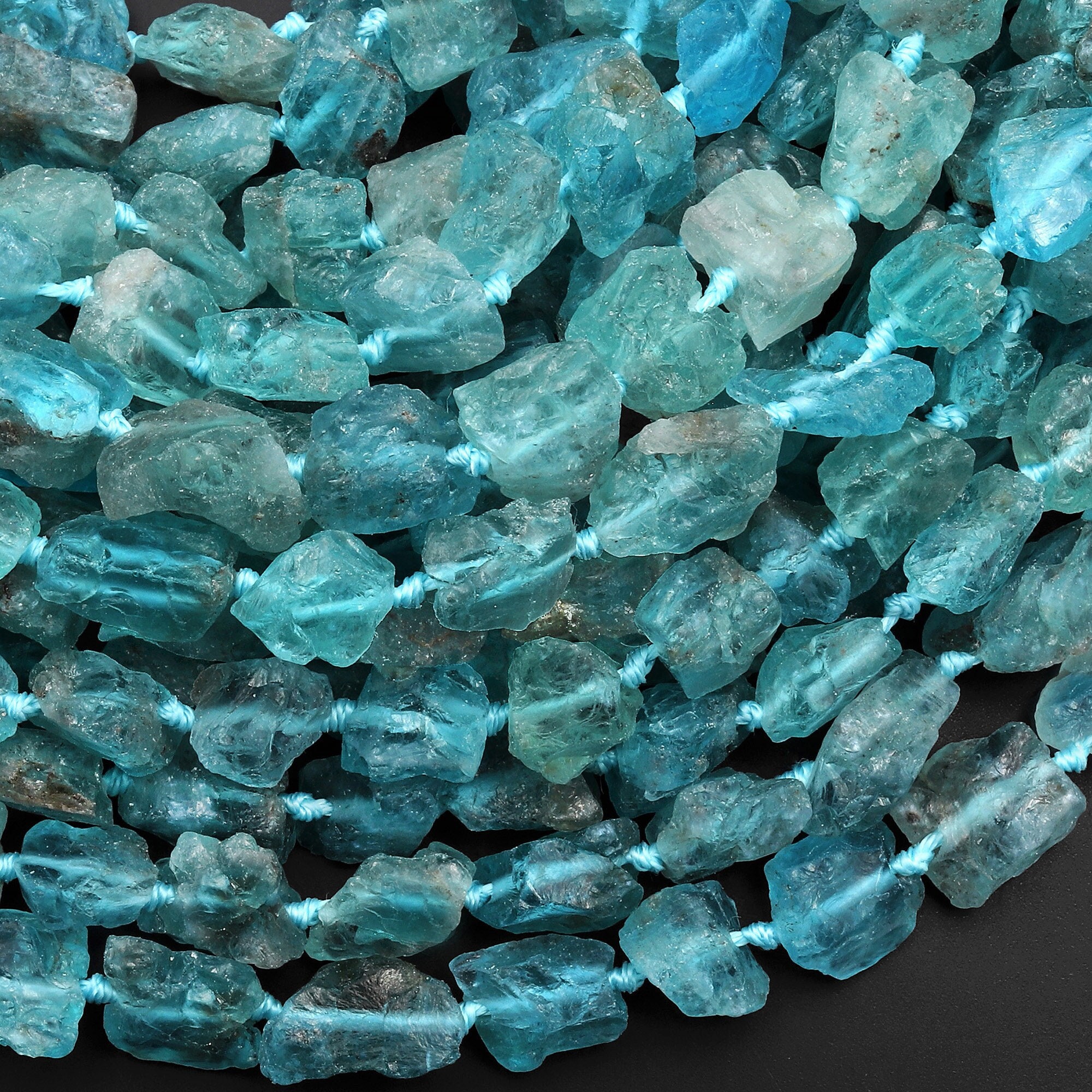 Natural Apatite Freeform Beads Nuggets Gemmy Translucent Raw Rough Teal Blue Gemstone Hand Hammered 15.5" Strand