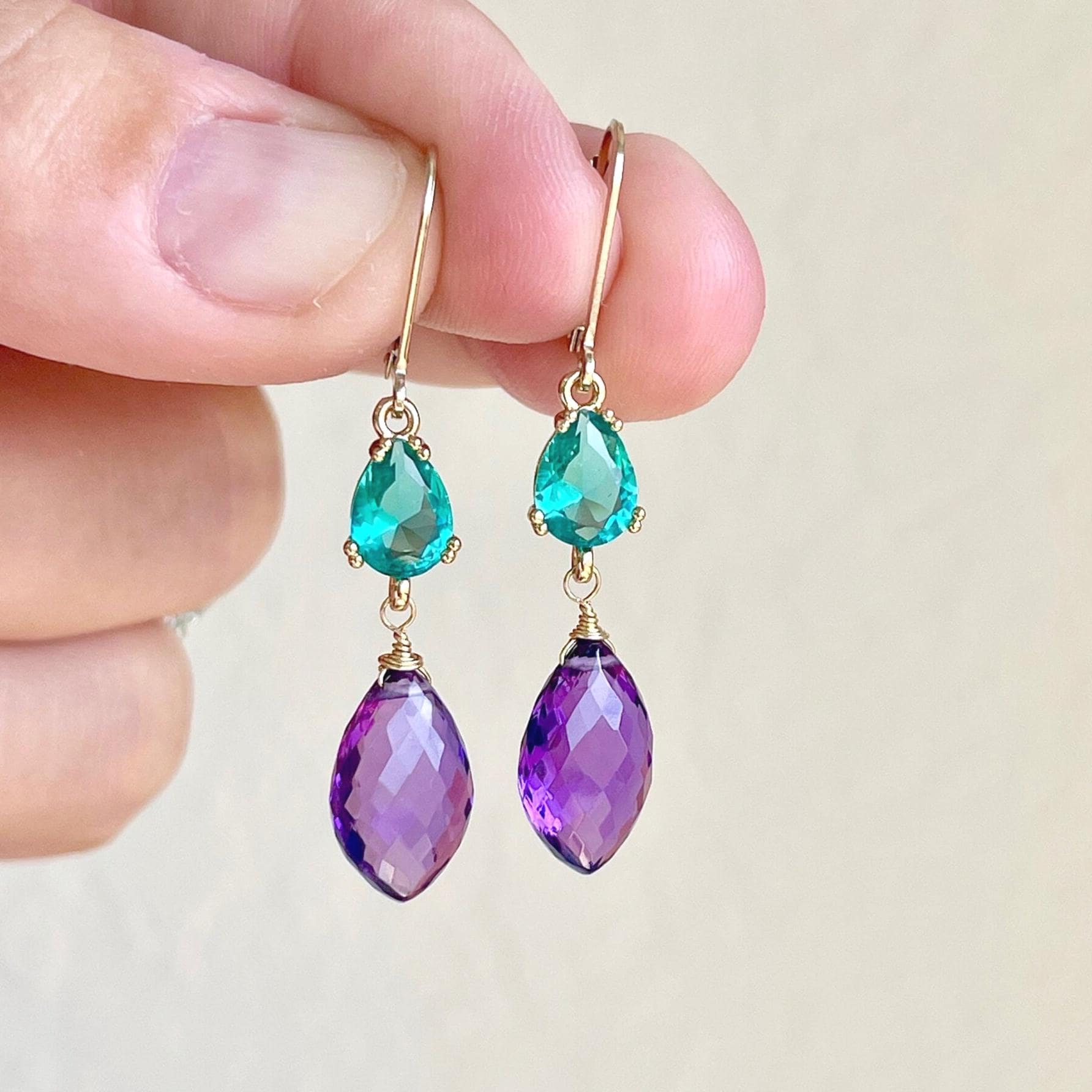 Apatite And Amethyst Earrings, February Birthstone, Teal Green And Purple Dangle Earrings In Gold, Purple Drop Elegant Gift For Mother's Day
