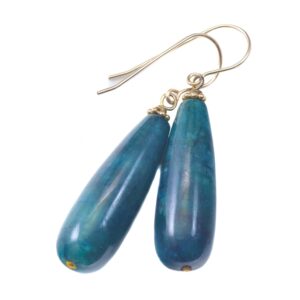 Blue Apatite Earrings 14k solid gold or filled or Sterling Silver Smooth Long Dangle Drops Natural Unique Deep blue Simple Drops 1.8 In