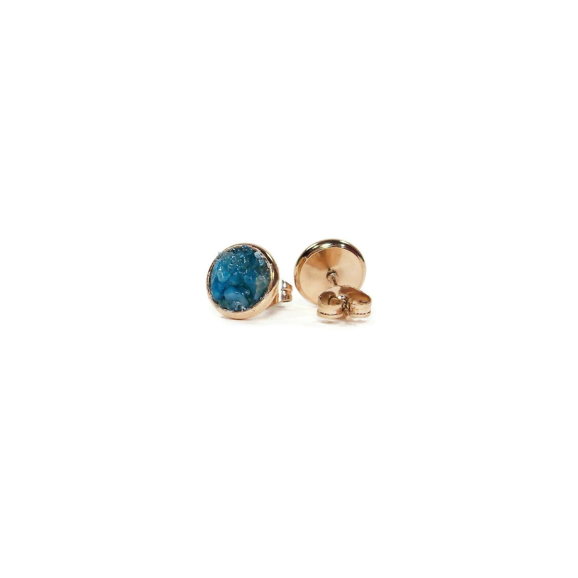 Blue Apatite 8mm Crushed Stone Rose Gold Plated Stud Earrings
