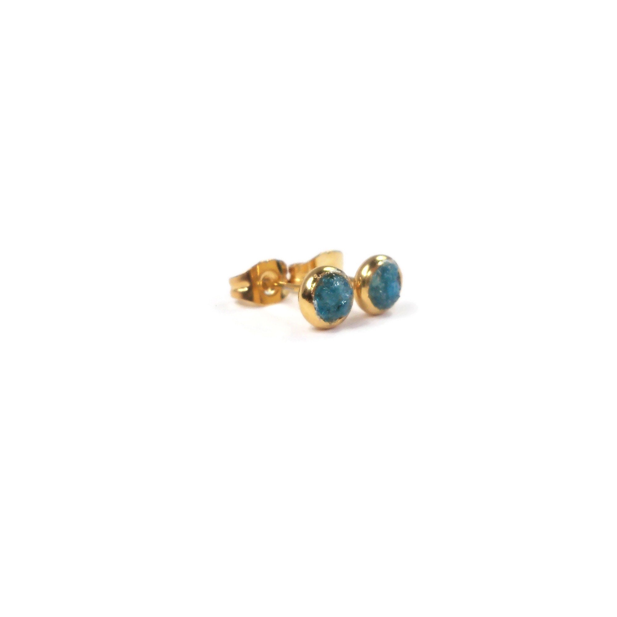 Blue Apatite Crushed Stone 4mm Gold Plated Stainless Steel Stud Earrings