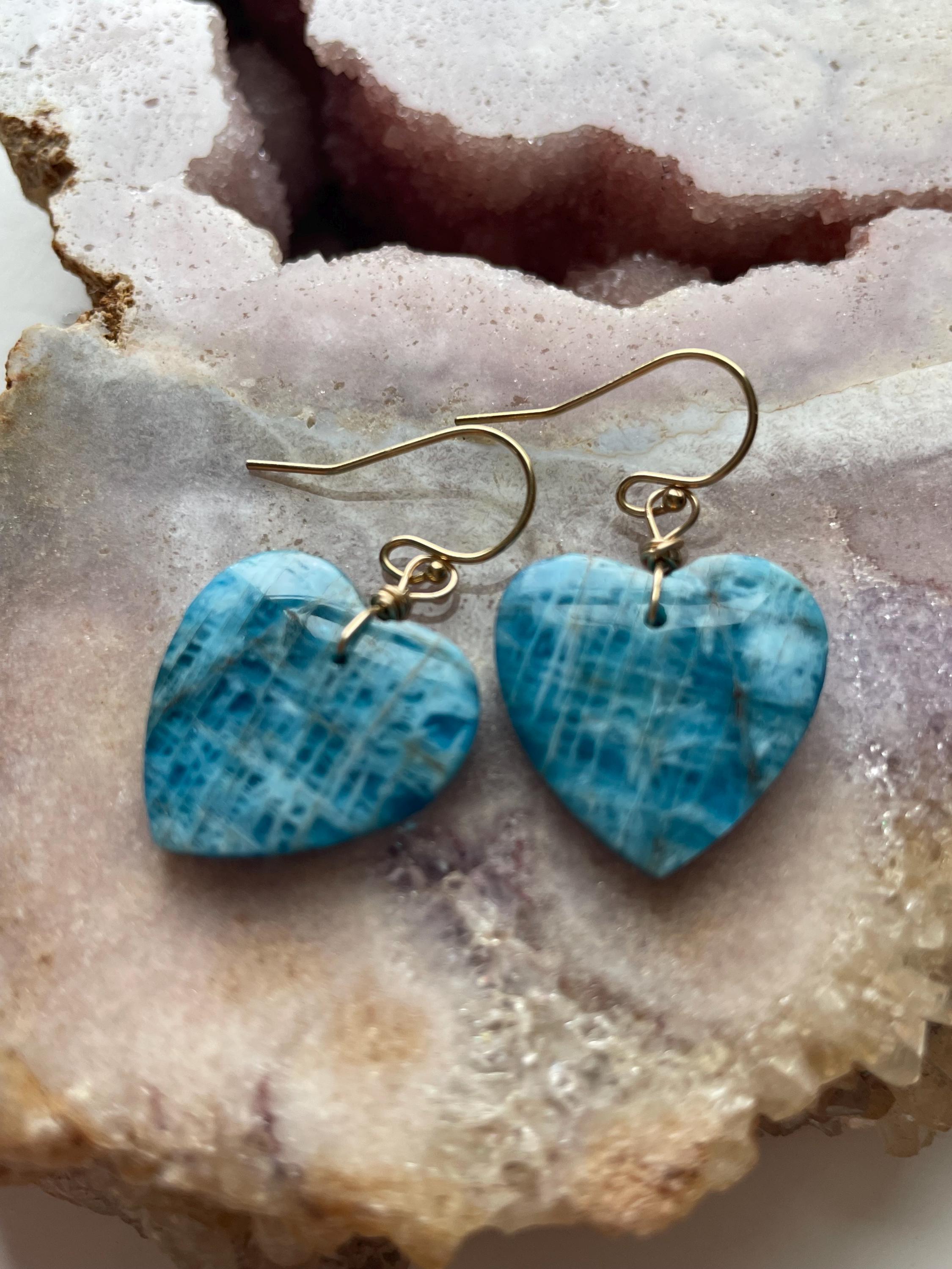 Blue Apatite Heart Earrings: Gold Fill Dangle Drop