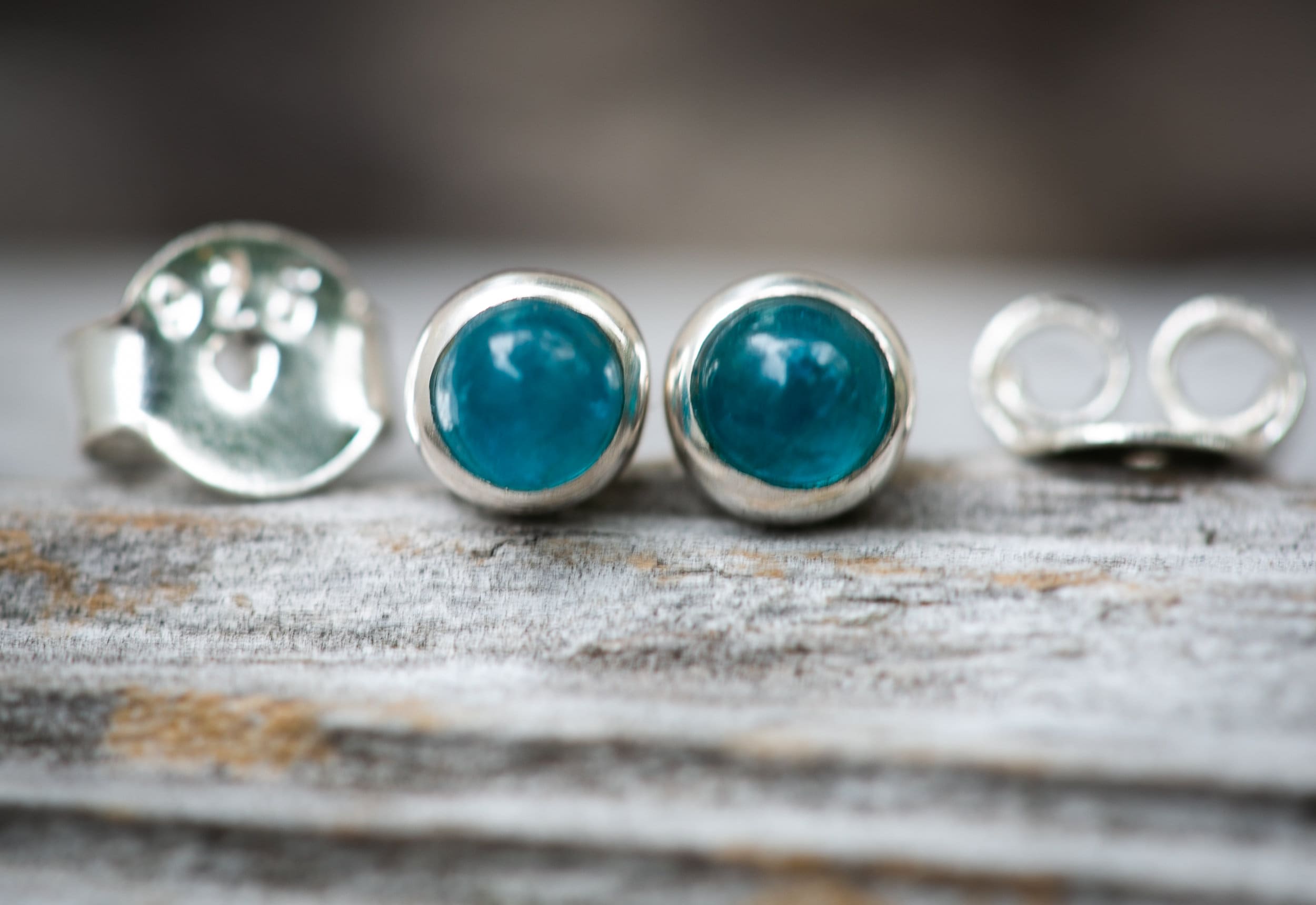 Blue Apatite Stud Earrings: 5mm Sterling Silver Cabochon
