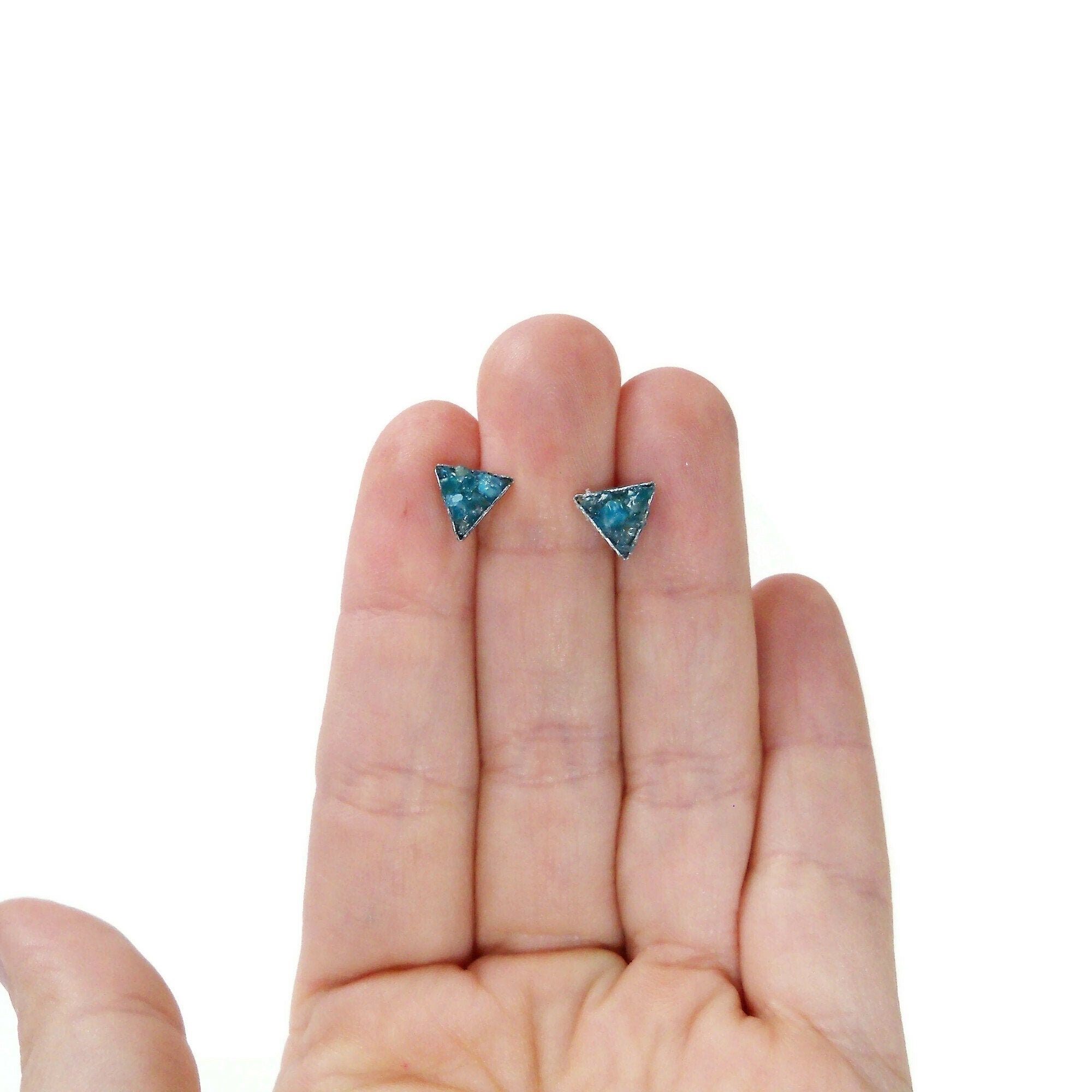 Blue Apatite Triangle Crushed Stone Geometric Hypoallergenic Stainless Steel Stud Earrings