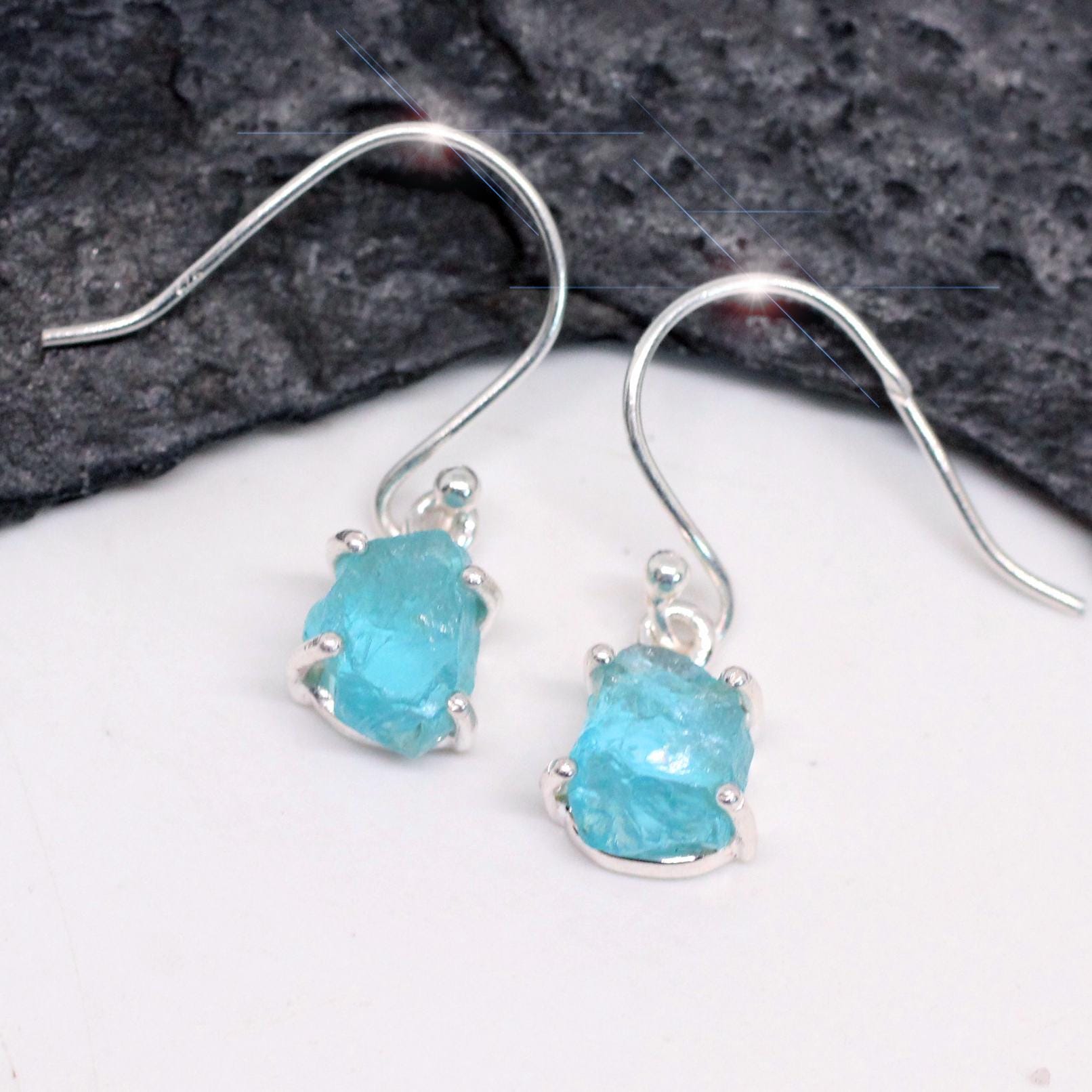Cerulean Sky - Beautiful Natural Neon Blue Apatite Rough Sterling Silver Earrings