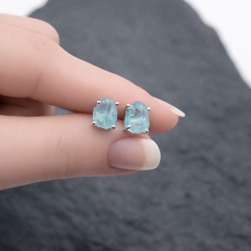 Cerulean Sky - Beautiful Natural Neon Blue Apatite Rough Sterling Silver Earrings