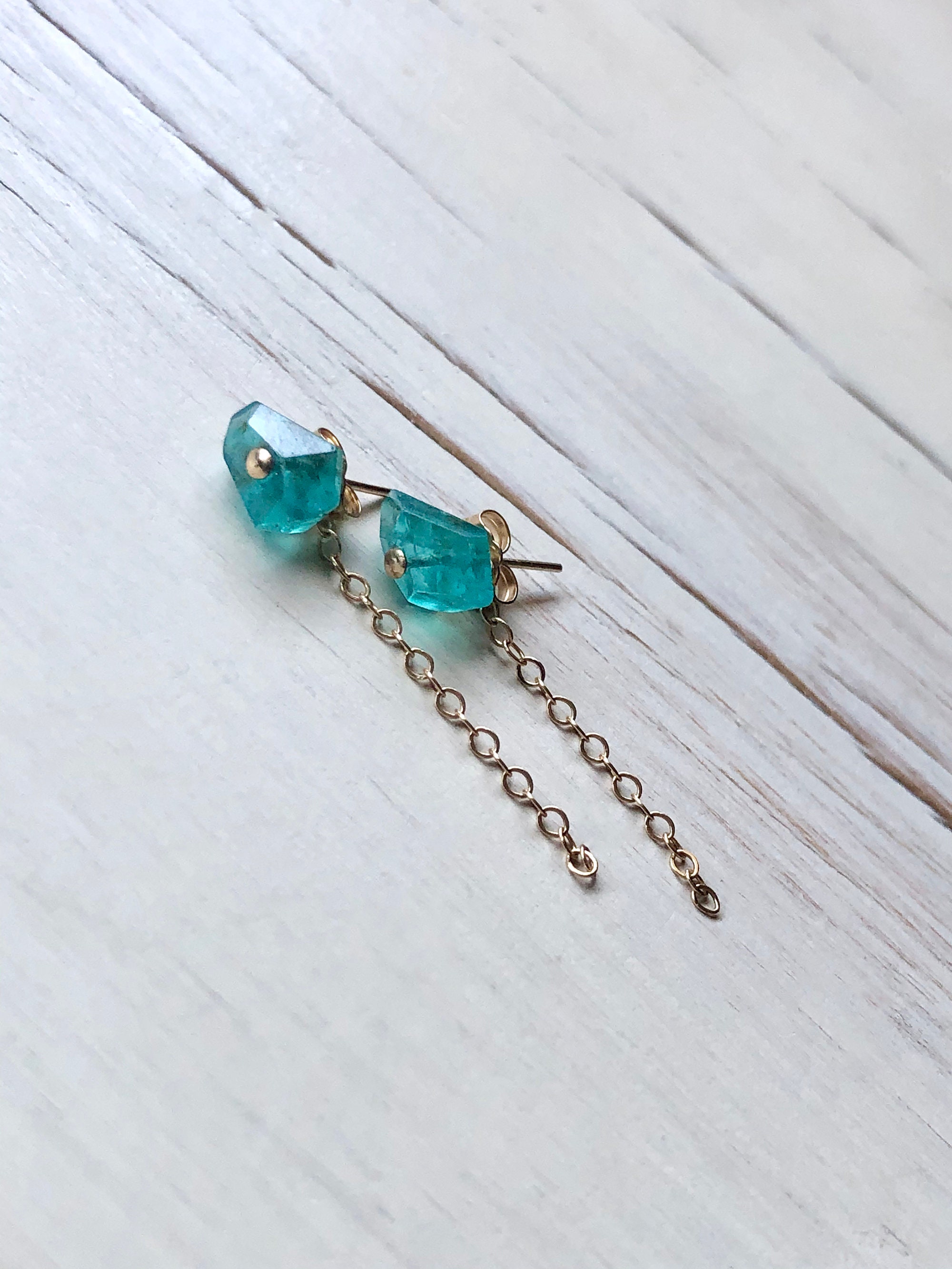 Apatite Chain Studs: Bluish Green Gemstone Earrings