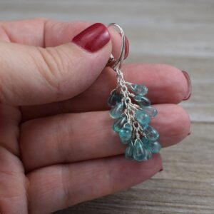 Apatite Cluster Earrings (sterling Silver) - Blue Apatite Drops - Wire Wrapped Drop Earrings