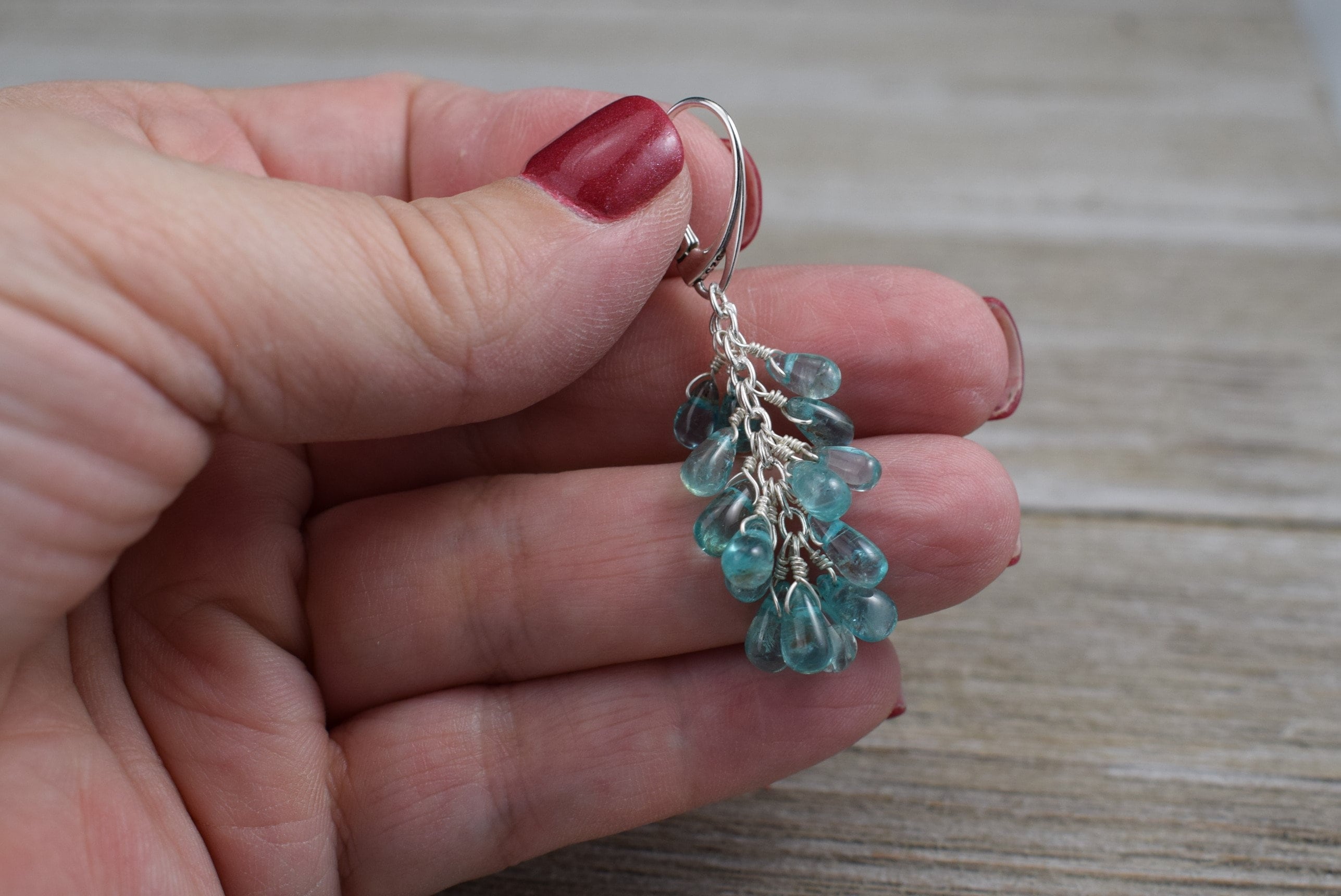 Apatite Cluster Earrings (sterling Silver) - Blue Apatite Drops - Wire Wrapped Drop Earrings