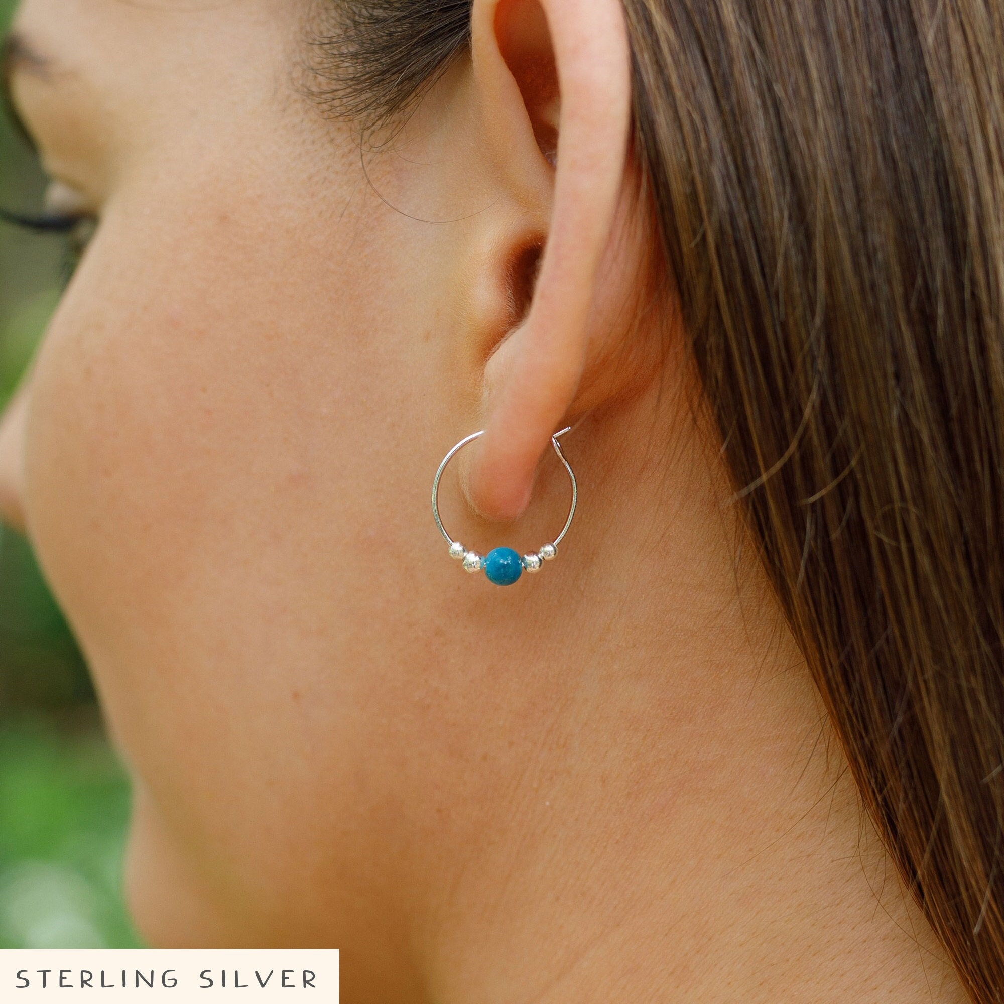 Dainty Apatite Bead Huggie Hoop Earrings - Gemstone Hoops