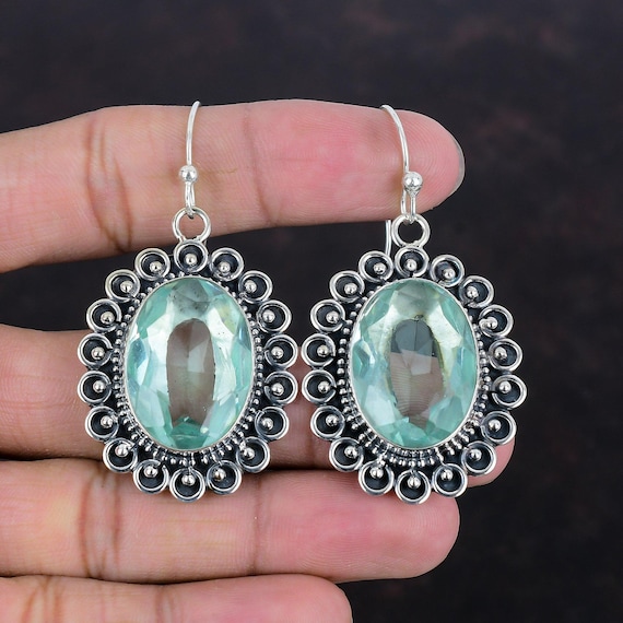 Faceted Apatite Earrings: Handmade 925 Sterling Silver, Antique Style