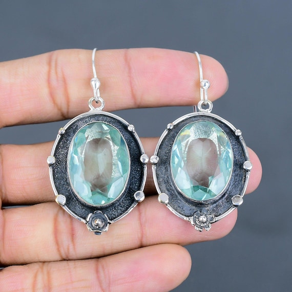 Faceted Apatite Sterling Silver Earrings: Handmade Oxidized Jewelry