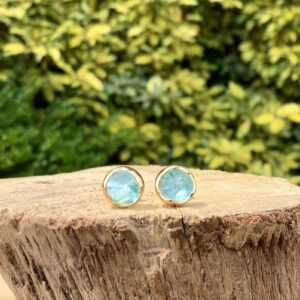 Gemstone Gold Stud Earrings, Blue Apatite Raw Stone Studs, Natural Gemstone, Gift For Mum