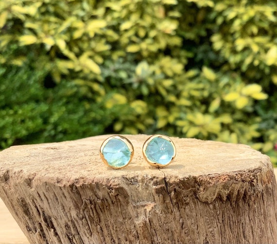 Gemstone Gold Stud Earrings, Blue Apatite Raw Stone Studs, Natural Gemstone, Gift For Mum