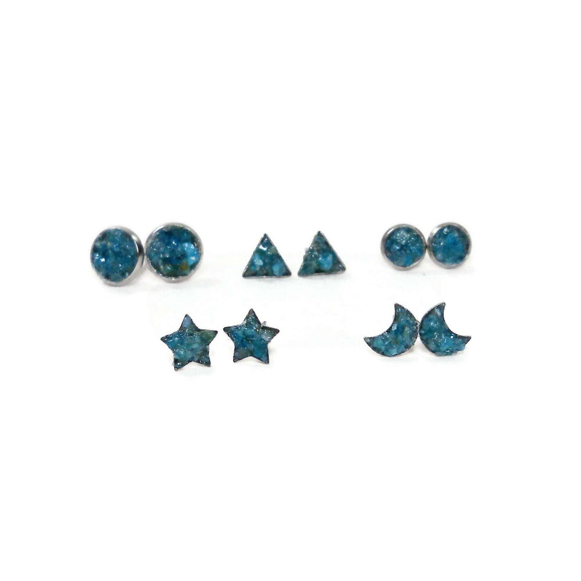Gift Set Of 5 Crushed Blue Apatite Stone Hypoallergenic Stainless Steel Stud Earrings