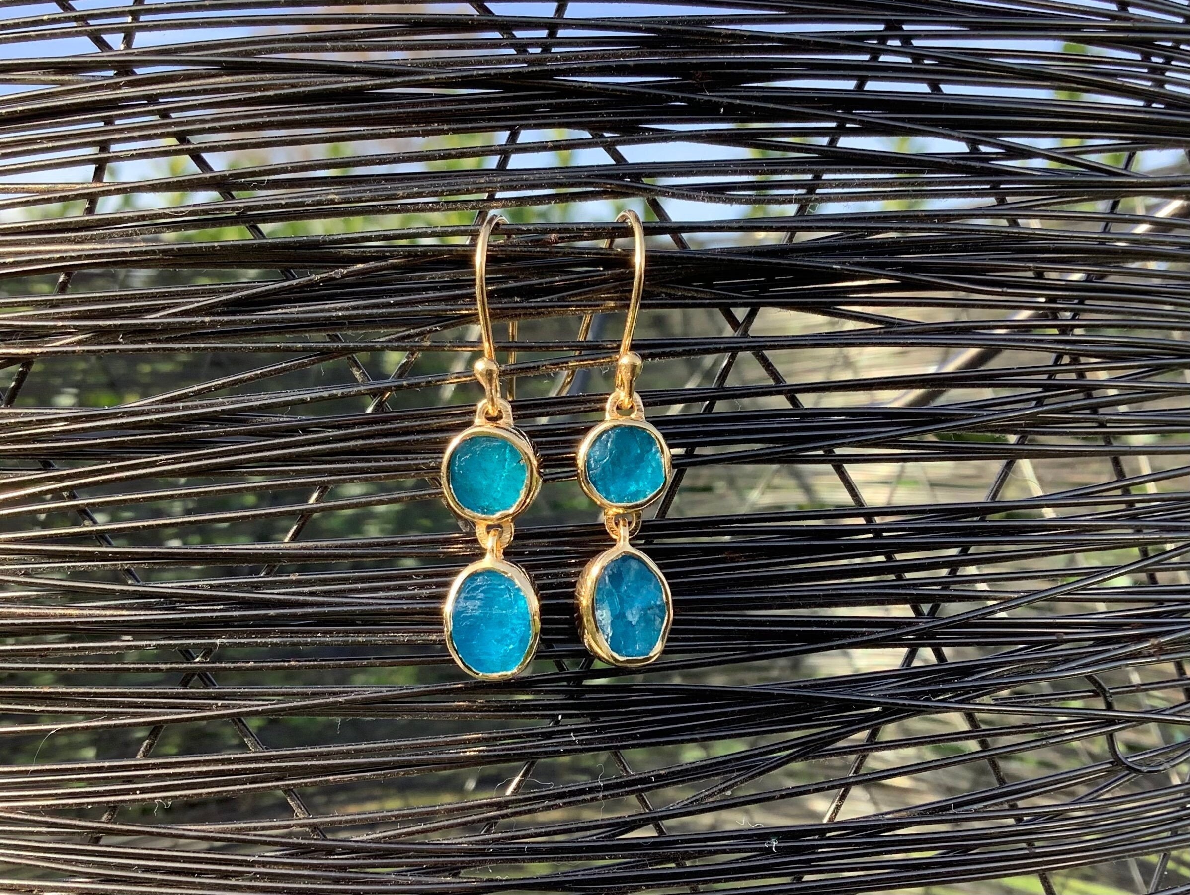 Apatite Gold Vermeil Drop Earrings: Raw Gemstone Jewelry