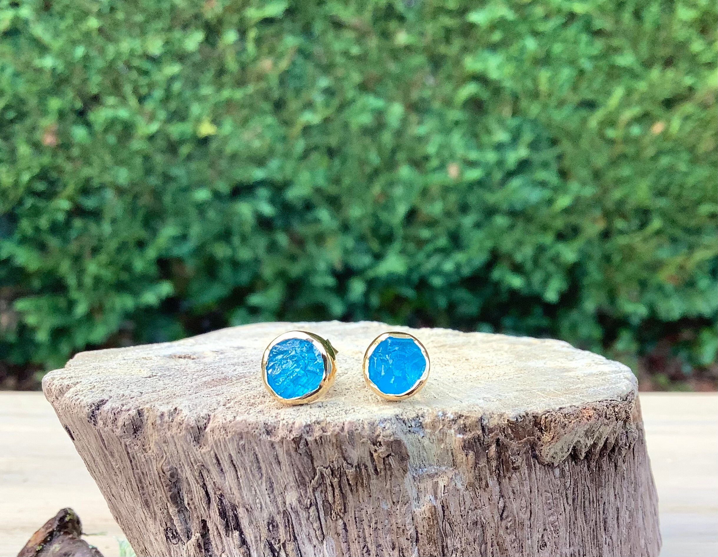 Gold Vermeil Apatite Stud Earrings, Raw Stone Studs, Natural Gemstone, Gift For Mum