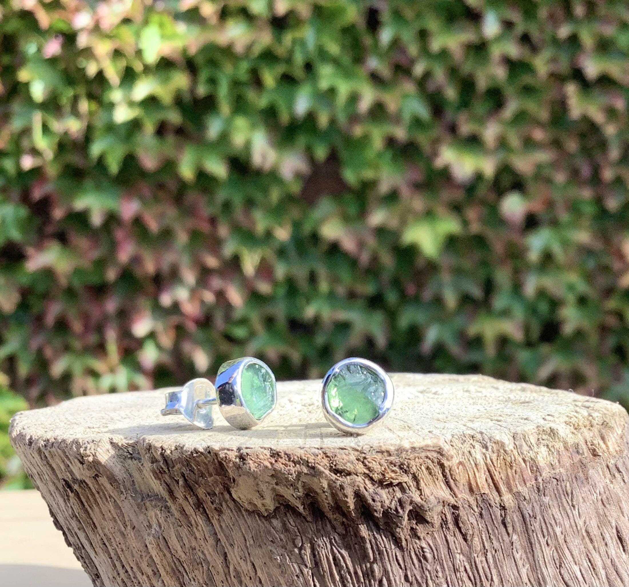 Green Apatite Sterling Silver Stud Earrings: Raw Gemstone Jewelry