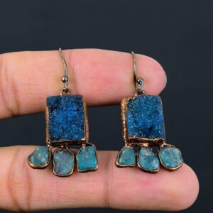Handmade Copper Electroformed Blue Druzy & Apatite Earrings