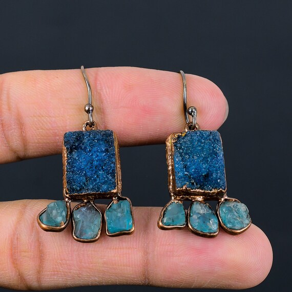 Handmade Copper Electroformed Blue Druzy & Apatite Earrings