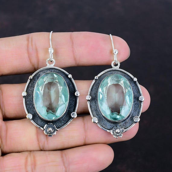 Handmade Faceted Apatite 925 Sterling Silver Dangle Earrings