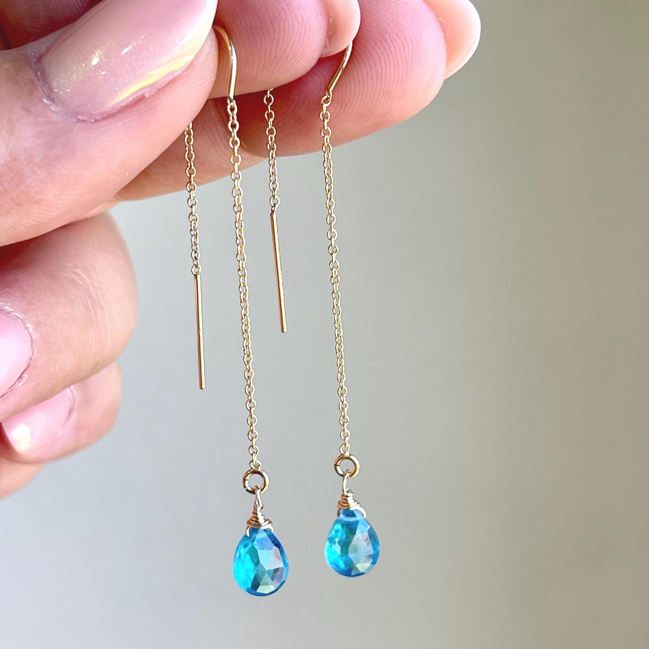 Neon Blue Apatite Threader Earrings In Gold Or Silver, Minimalist Jewelry, Pull Through Chain Earring, Vivid Blue Jewelry, Mom Of Boy Gift