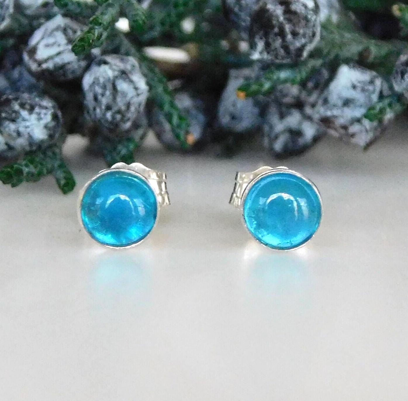 New Teal Blue Apatite 4mm Stud Earrings: Second Hole Studs, Sterling Silver, Unusual Gemstone