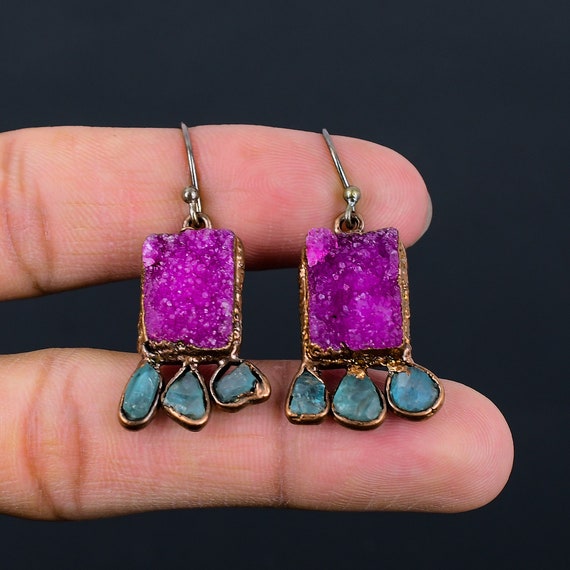 Pink Druzy & Neon Apatite Copper Earrings, Electroformed Jewelry Pink Druzy & Neon Apatite Copper Earrings, Electroformed Jewelry