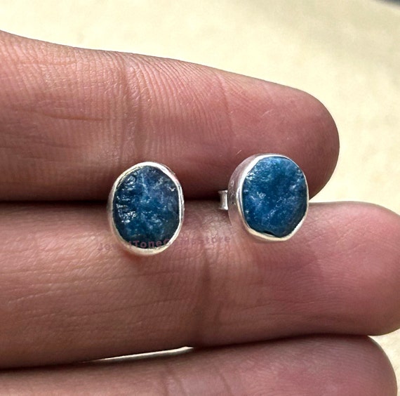 Raw Blue Apatite Stud Earrings: Sterling Silver Rough Stone