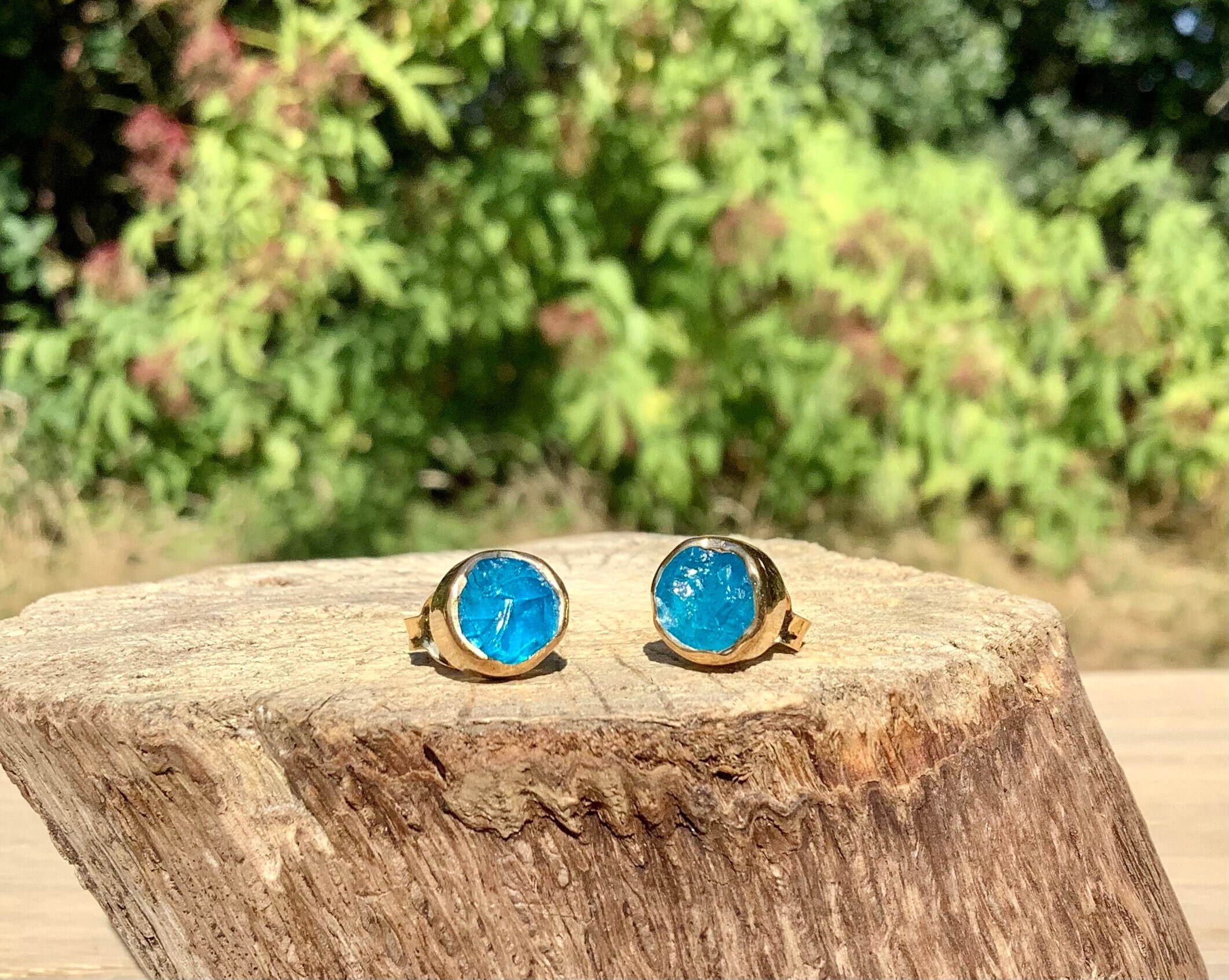 Raw Gemstone Studs, Gold Vermeil Apatite Stud Earrings, Gift For Mum