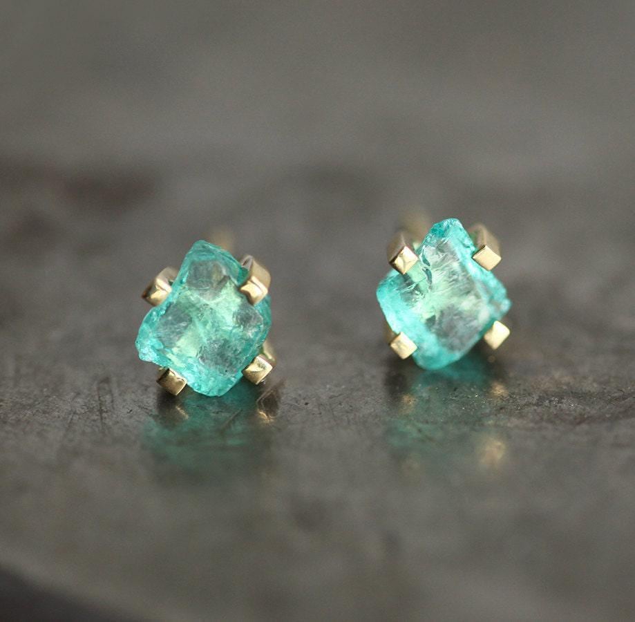 Raw Mint Apatite Studs, Simple Green Earrings, 14k Solid Gold Raw Mint Apatite Studs, Simple Green Earrings, 14k Solid Gold