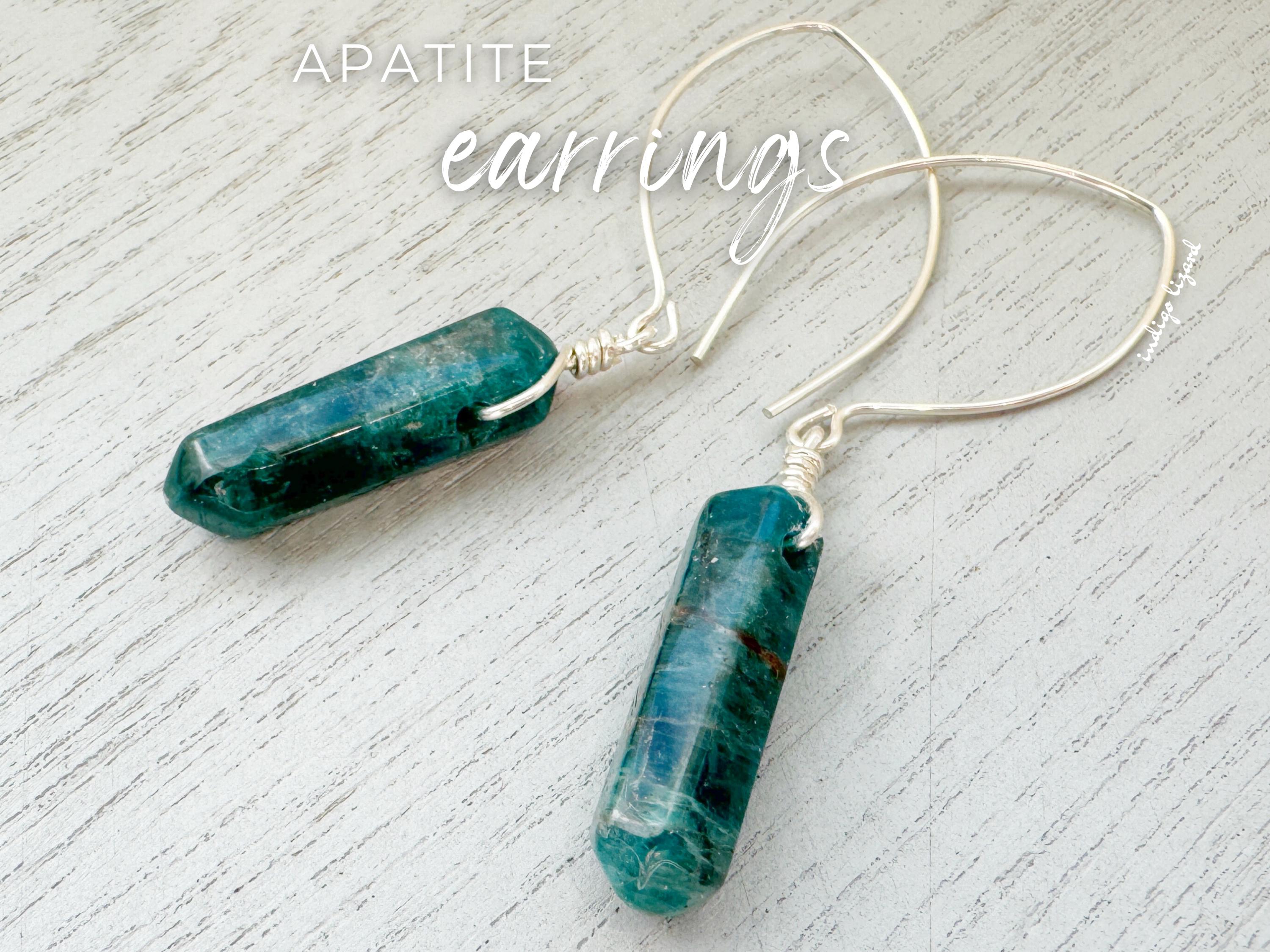 Raw Apatite Sterling Silver Dangle Earrings: Neon Blue Crystal