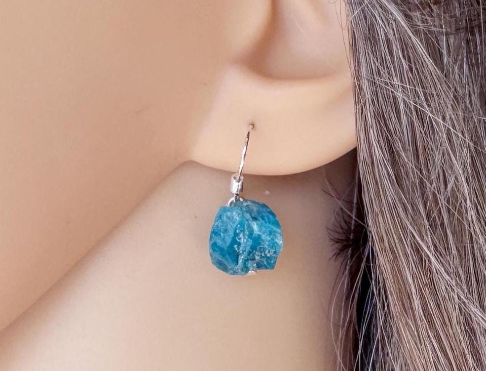 Raw Apatite Earrings: Sterling Silver Blue Crystal Drop Earrings