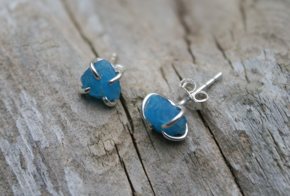 Raw Apatite Stud Earrings: Sterling Silver, Rough Gemstone Jewelry