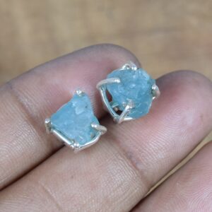 Rough Blue Apatite Stud Earrings: 925 Sterling Silver, Handmade