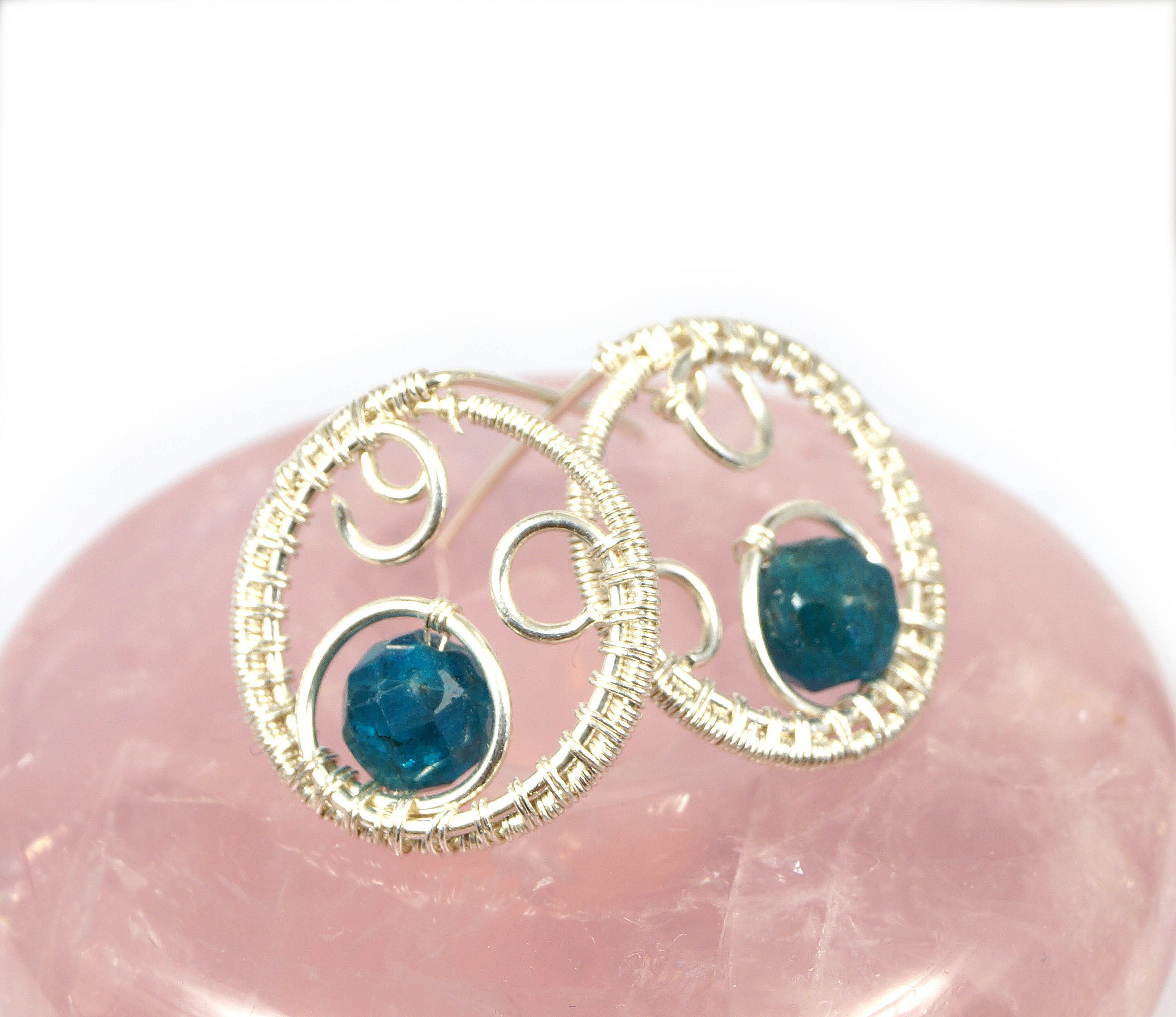 Apatite Sterling Silver Stud Earrings: Wire Wrapped Artisan Jewelry