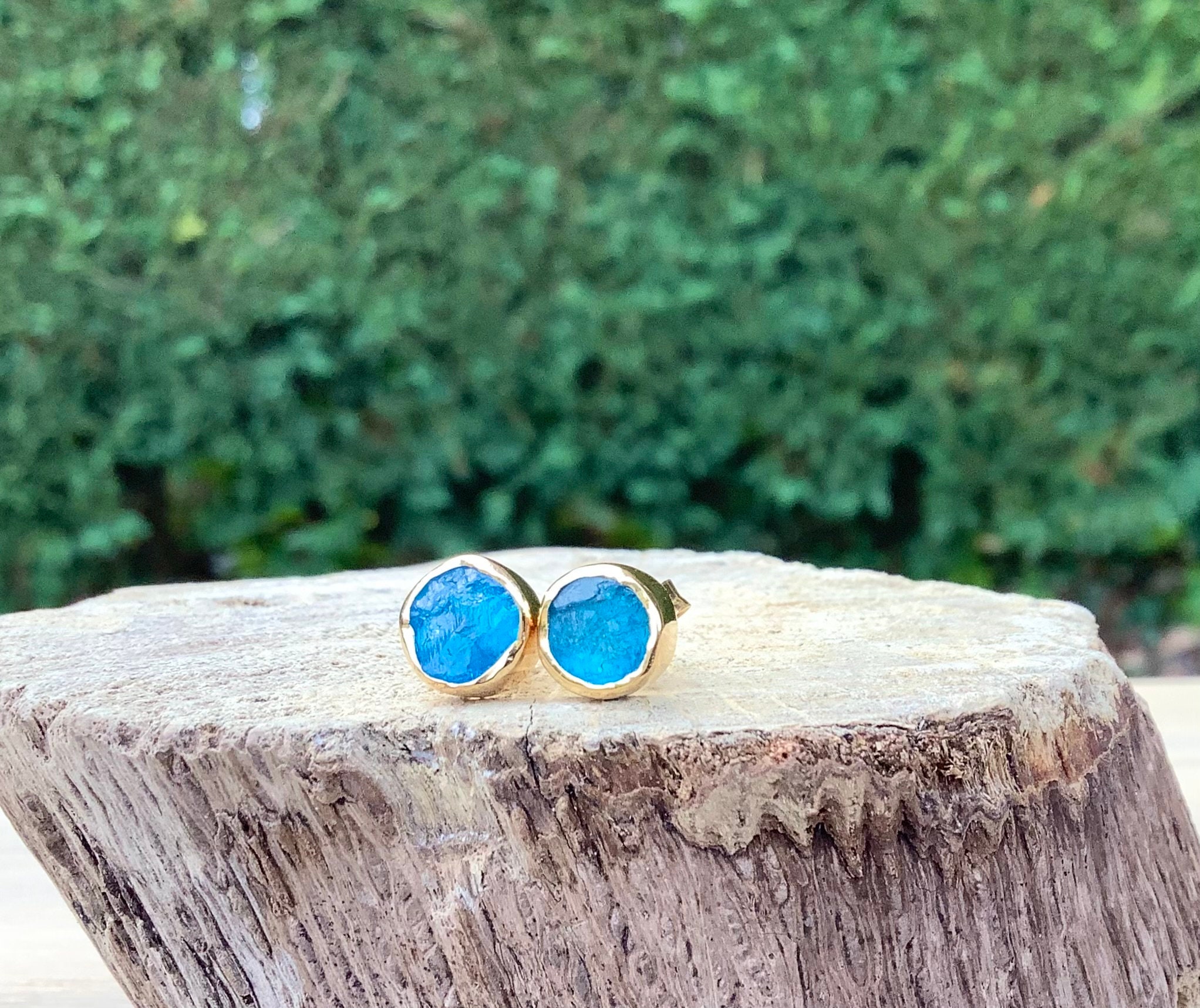 Apatite Stud Earrings, Raw Stone Gold Vermeil Studs, Natural Gemstone, Gift For Mum